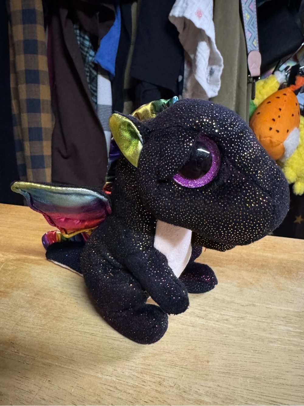 Plush Black Sparkle Dragon with Rainbow Wings